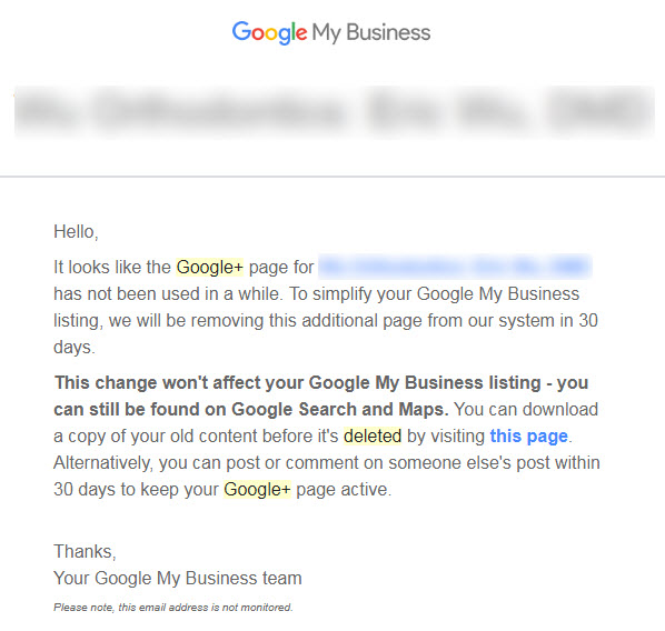 Email From Google to Business Owners About Deleting and Removing Unused Google+ Business Pages